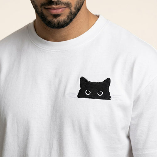 Curious Cat Embroidered Oversized Tee - White detail