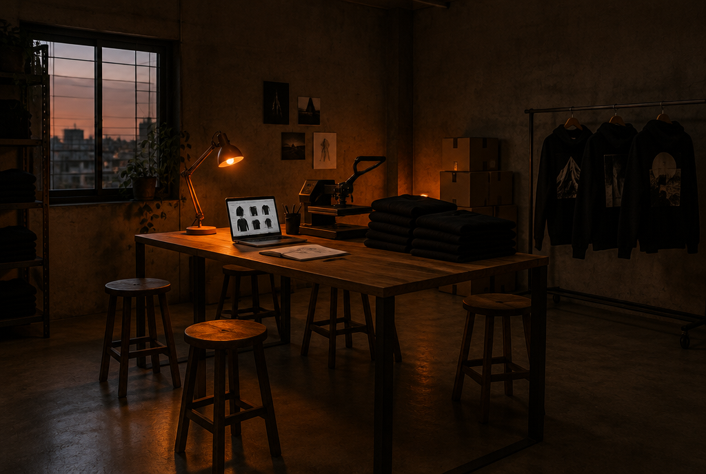 The small Vogue Street workspace: one table, four stools, a heat press and stacked black tees