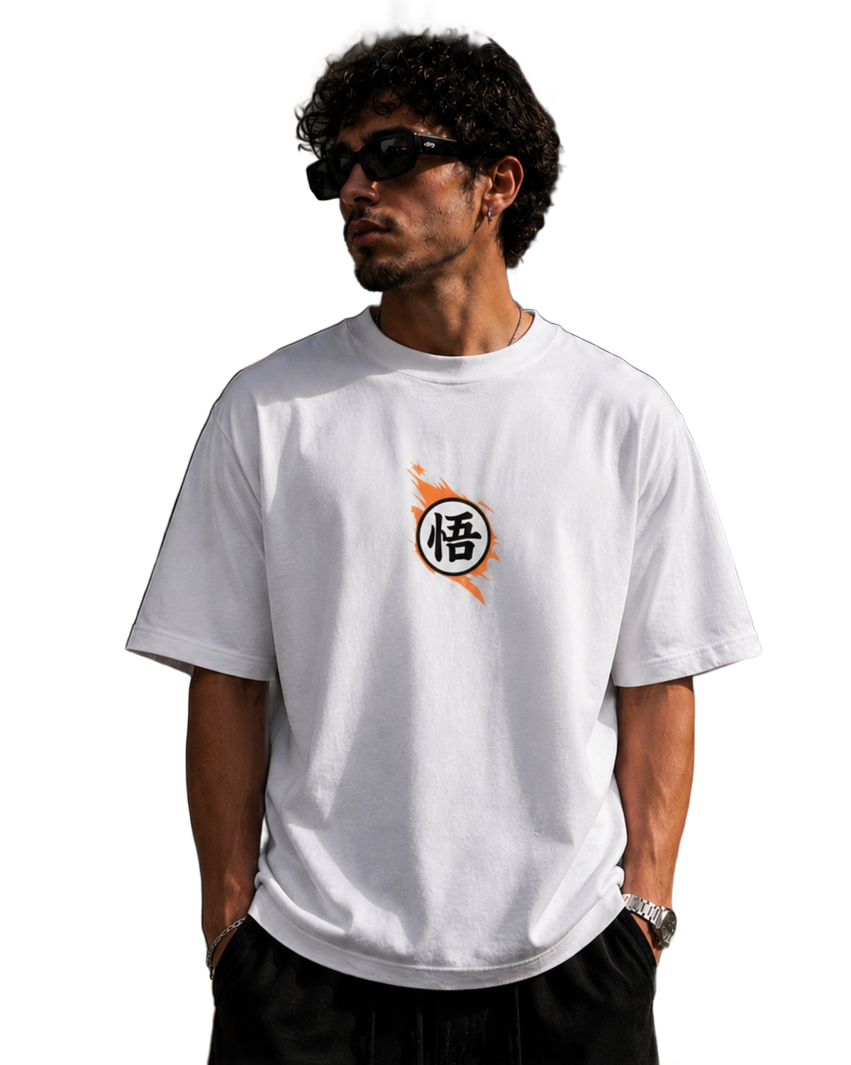 Model wearing the Saiyan Strike oversized tee